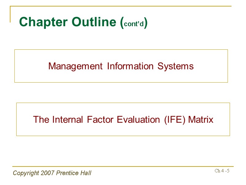 Copyright 2007 Prentice Hall Ch 4 -5 Chapter Outline (cont’d) Management Information Systems The
